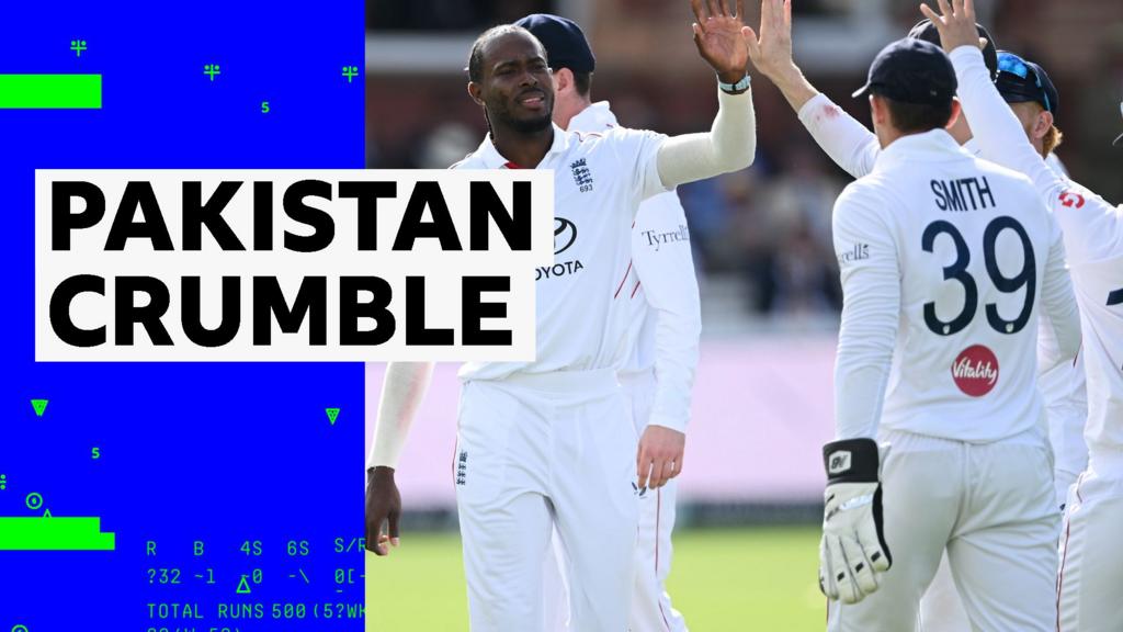 英格兰与巴基斯坦第二场测试赛:乔弗拉·阿切尔和奥利·罗宾逊各取两球,巴基斯坦全队被淘汰